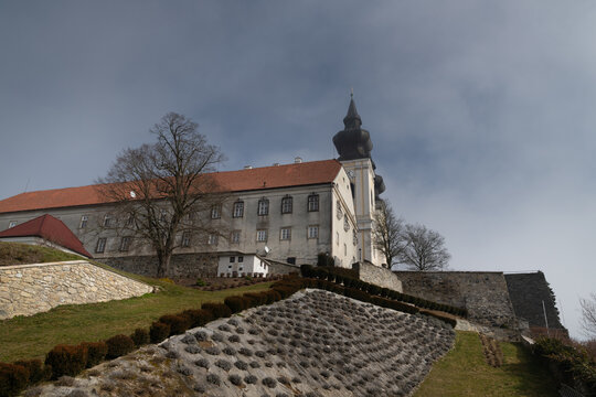Maria Taferl basilica in Nibelungengau on foggy morning in spring. Famous pilgrimage site in Lower Austria. 03.03.2021