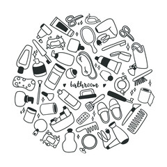 Hand drawn set of Bathroom cartoon doodle objects, symbols and items. Round frame composition. Mirror, towel, sponge, toothbrush and soap. Vector illustration isolated on white background
