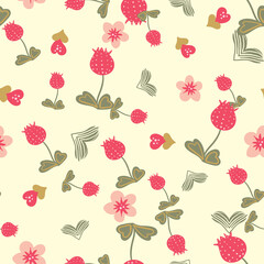 Strawberry pink flowers seamless vector pattern. Cute botancial surface print design for gifly fabrics, stationery, mothers day gift wrap, textiles, backgrounds, home decor, backgrounds, and packaging