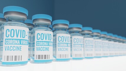 A coronavirus or COVID-19 vaccine bottle placed on a table in laboratory. 3D illustration rendering in the concept of antivirus treatment.