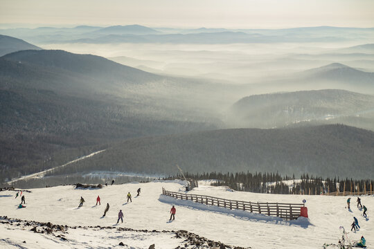 ski resort, people are going down the mountain, sheregesh February 15, 2021