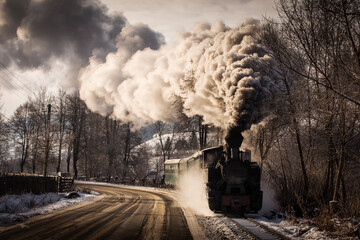 Old train with big smoke during winter time in Moldovita, Bucovina. Romaniia.