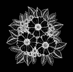 Doodle floral pattern in black and white. Page for coloring book: very interesting and relaxing job for children and adults. Zentangle drawing. Flower carpet in magic garden