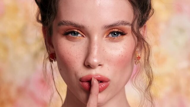 A close-up view of a gorgeous young woman is showing shhh gesture to the camera standing isolated over a floral background in the studio