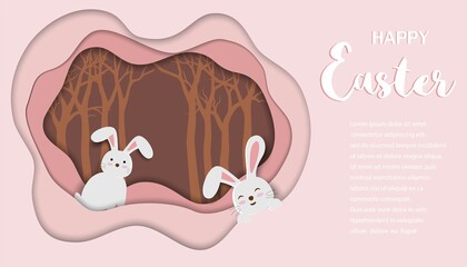 Happy Easter greeting card,paper art cute rabbits on sweet pink background