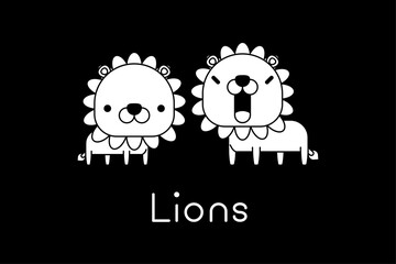 Outlined cute cartoon lion couple. Vector illustration.