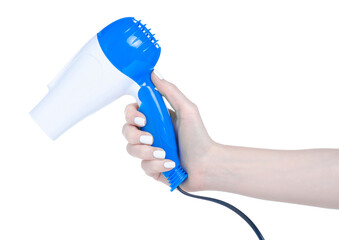 small travel hairdryer in hand on white background isolation