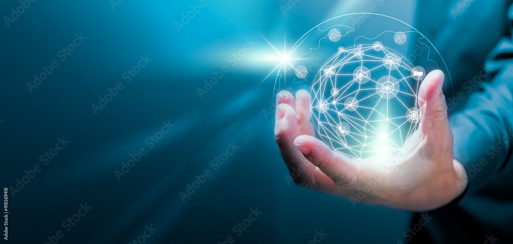 Poster businessman holding of global data network and social network of databases. social media technology 