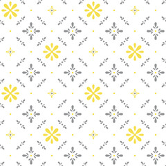 Colors of year 2021 illuminating yellow and ultimate gray simple floral pattern. Abstract geometric floral seamless pattern. Polka dot flower design for web and print on textile, fabric, paper