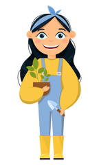 A cute long-haired girl is engaged in gardening. The girl holds a goshok with seedlings and a garden shovel. Illustration about gardening isolated on white background