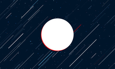 Large white circle framed in red in the center. The effect of flying through the stars. Seamless vector illustration on a dark blue background with stars and slanted lines