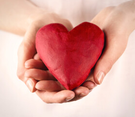 Red heart in female hands stock images. Female hands giving red heart stock photo. Valentines day concept with handmade red heart images
