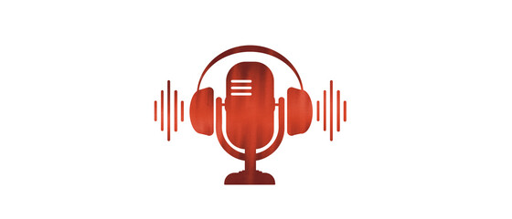 red icon of a radio microphone with headphones. white background. Podcasting or  broadcasting banner. 