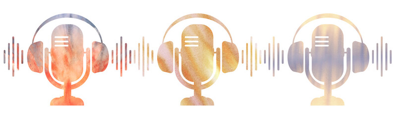 series of icons of a radio microphone with headphones. White background. colorful texture. Podcasting or  broadcasting banner. 