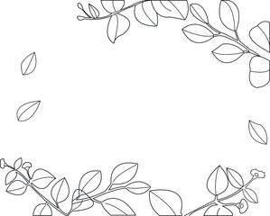 Vector hand painted graphic nature composition with eucalyptus black and white contour lines leaves on branches frame on the transparent background for design elements