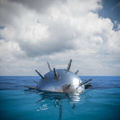 Naklejka premium metal mine in the middle of the sea. danger concept.