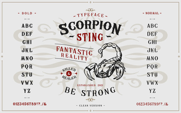 Font Scorpion Sting. Craft retro vintage typeface