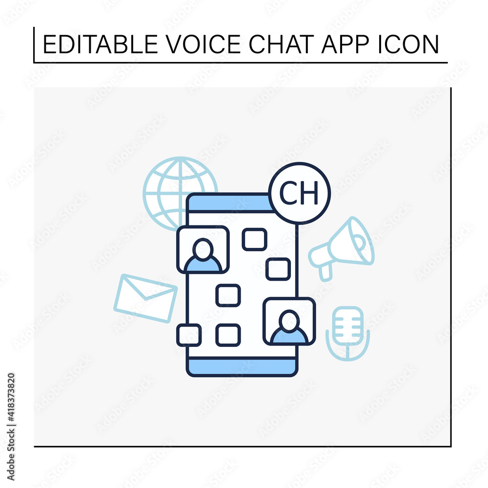 Poster drop in audio chat app line icon. communication application with friends. voice communicate concept.