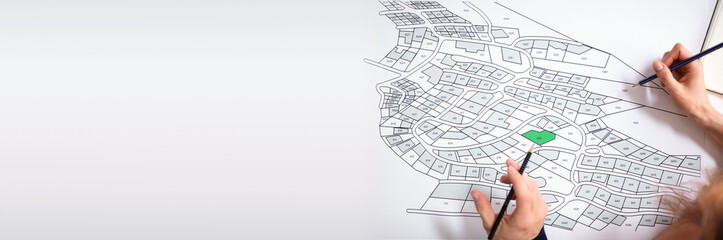 Human Hand Holding Pencil Over Cadastre Map
