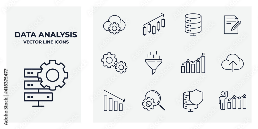 Poster set of data analysis icon. financial analytics pack symbol template for graphic and web design colle