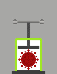 Manuelle Presse in der ein rotes Coronavirus steckt vor grauem Hintergrund