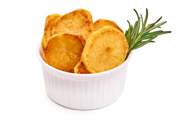 Fried Potato slices, isolated on white background. High resolution image