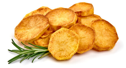 Fried Potato slices, isolated on white background. High resolution image