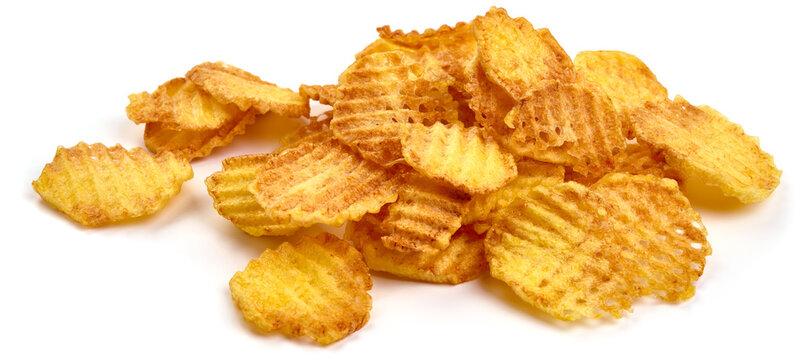 Ridged potato chips or crisps, isolated on white background. High resolution image
