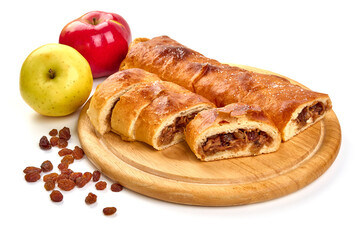 Apple strudel with raisins, isolated on white background. High resolution image