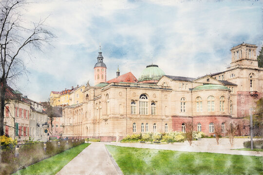 Spa town architecture in Baden-Baden, Baden-Württemberg, Germany. Friedrichsbad Spa, traditional thermal bath. Watercolor Illustration.