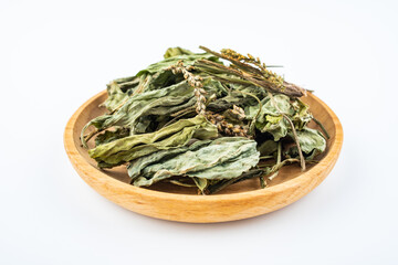 Chinese herbal medicine plantain dried on white background