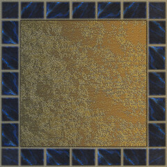 Gold square with stone texture and transparent blue mosaic.