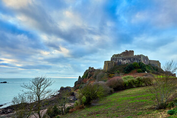 Image of the East side of Gorey castle with the agricutural fiels and the sea. Jersey, Channel Islands