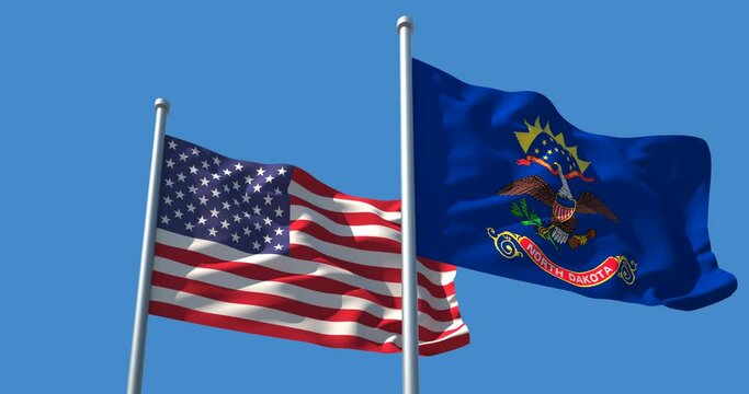 North Dakota state flag and the USA on a flagpole realistic wave on wind not synchronously, solid background. State of North Dakota in The United States of America. Bismarck. Fargo.