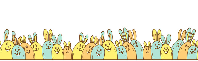 Festive seamless border horizontal with cute colored shape egg bunny. Colorful pastel animal character element on white background. Hand drawn vector illustration for Happy Easter design. 