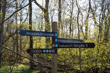 A signpost showing different hiking trails in the national park and forest of Dalby Söderskog in southern Sweden