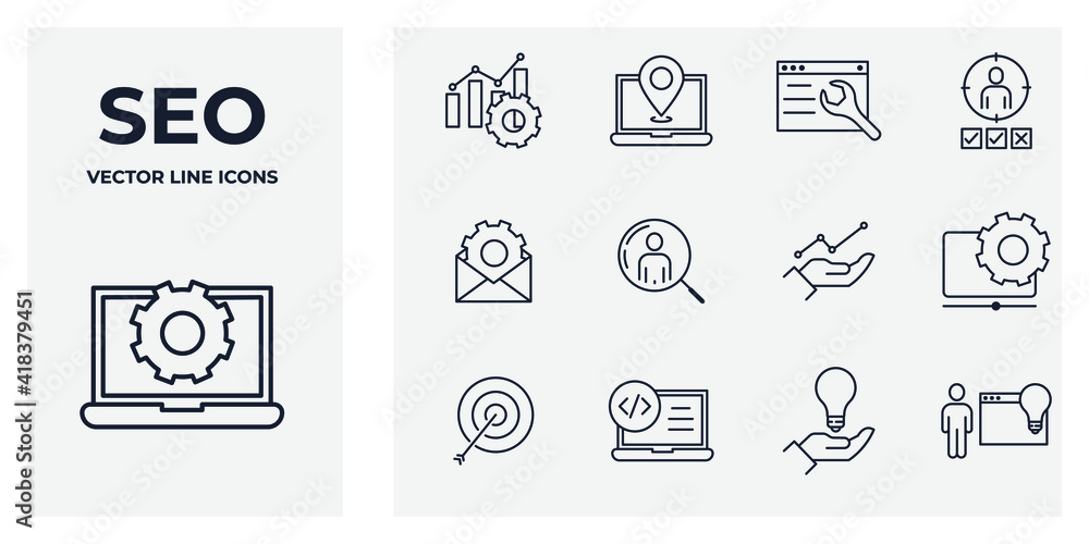 Poster set of seo icon. search engine optimization pack symbol template for graphic and web design collecti
