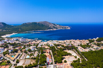 Naklejka premium Aerial view, bay of Cala Ratjada, harbor and boats, Cala Gat, Mallorca, Balearic Islands, Spain