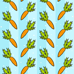 Seamless pattern of hand-drawn carrots on striped blue background. Cartoon vegetable pattern on the theme of harvest, food, cooking, vitamins and healthy food. Vector illustration.