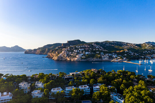 Aerial view, Andratx, Port d'Andratx, coast and natural harbor at dusk, Malloca, Balearic Islands, Spain