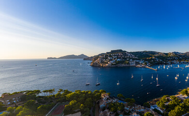 Aerial view, Andratx, Port d'Andratx, coast and natural harbor at dusk, Malloca, Balearic Islands, Spain