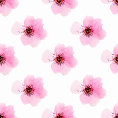 Seamless rosa flowers pattern. Pink flowers on white background. Watercolor hand drawing illustration.