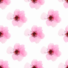 Seamless rosa flowers pattern. Pink flowers on white background. Watercolor hand drawing illustration.