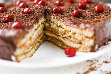 Close-up home chocolate cake with cherries in a plate on a white background. Сocoa scattered on a table.
