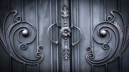 Wrought-iron gates, ornamental forging, forged elements close-up.