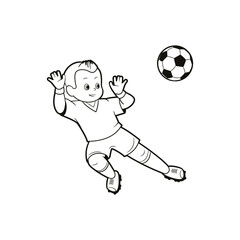 Fototapeta na wymiar Coloring book: teen boy soccer team goalkeeper catches a flying soccer ball. Isolated vector illustrations in cartoon style, black and white lines