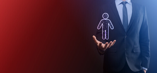 Businessman holds man person icon on dark tone background.HR Human ,people iconTechnology Process System Business with Recruitment, Hiring, Team Building. Organisation structure concept
