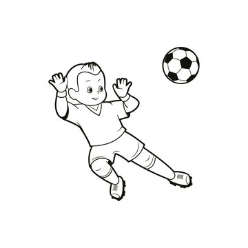 Coloring book: teen boy soccer team goalkeeper catches a flying soccer ball. Isolated vector illustrations in cartoon style, black and white lines