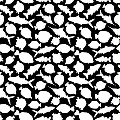 Black white Seamless animal Doodle pattern. Set of isolated outline cartoon vector fish, tang flounder, tuna, ocean burrfish, sea marlin. Silhouette monochrome Illustration for prints or backgrounds