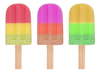 Three trendy colorful bath sponges shaped as ice creams on stick